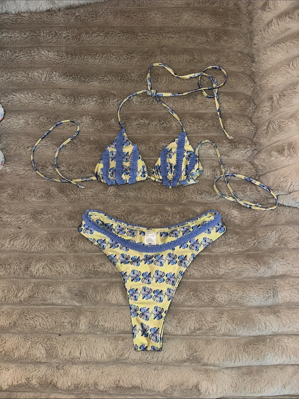 Yellow & Blue Floral Ruffle Triangle Bikini